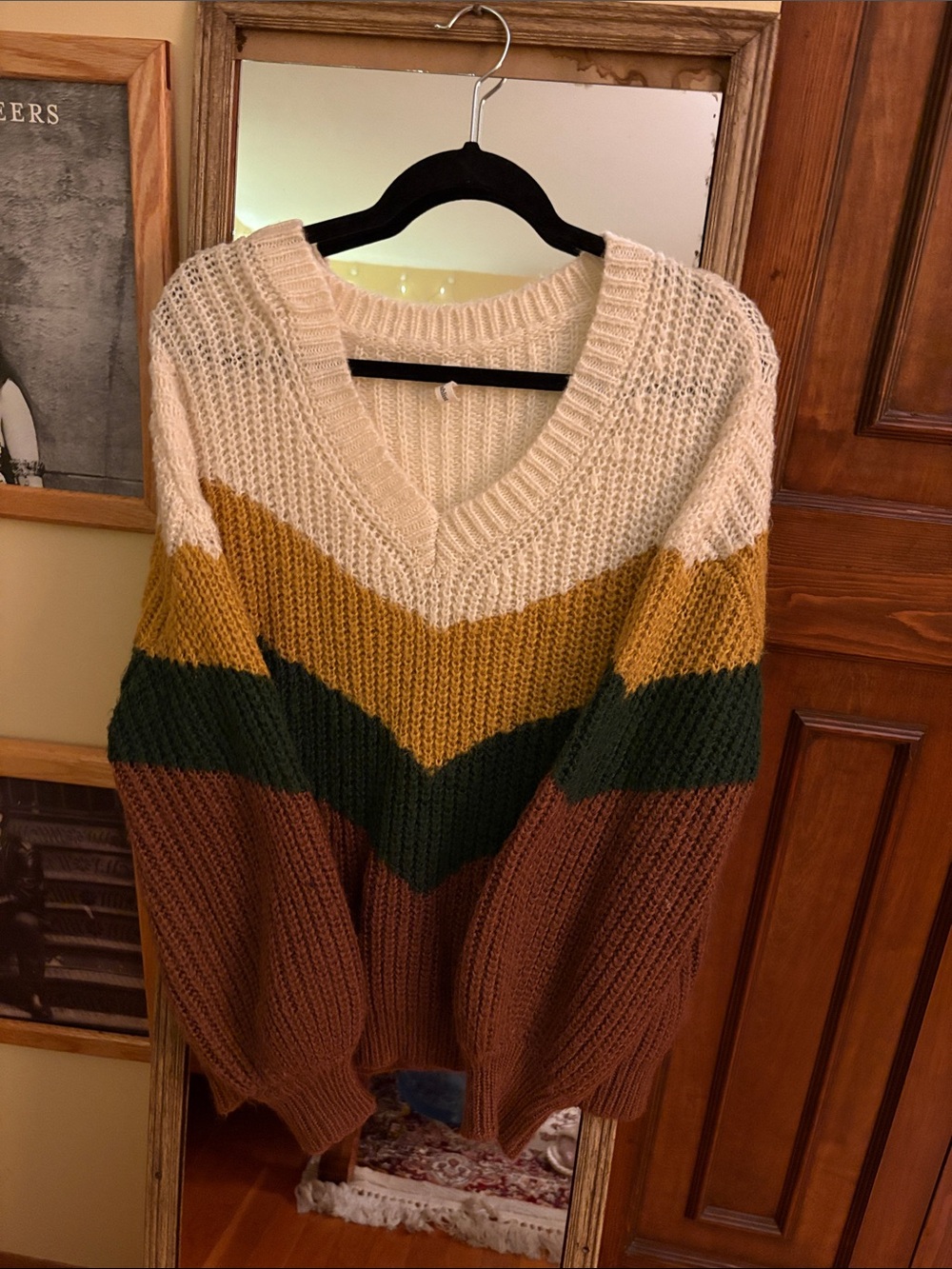 Cozy V-Neck Colorblock Sweater in Cream, Mustard, Green & Brown
